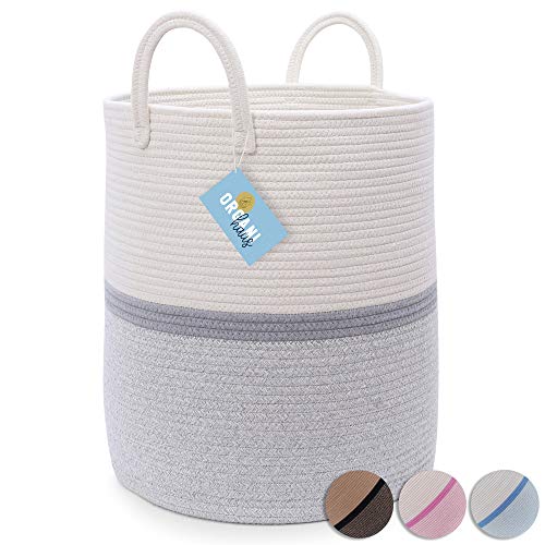 OrganiHaus Large Grey Nursery Basket of Natural Cotton Rope Woven with Multiple Blended
