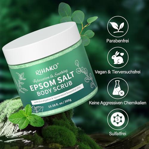 Körperpeeling mit Eukalyptus und Bitterminze, Körperpeeling Damen, Spendet Feuchtigkeit und Pflegt Die Haut, Lindert Muskelverspannungen, Badesalz für Muskelbäder, 300 g