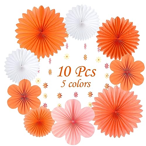 Image of SUNBEAUTY Paper Flowers Decorations for Wall, Spring Pink and Orange Party Decorations, Orange Pink Groovy Paper Fans Classroom for Wall Hanging Decor for Office Baby Shower Bulletin Board, Set of 9