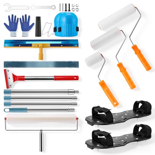 Bodenbeschichtung Set, Selbstnivellierende Ausgleichsmasse Werkzeuge mit Stachelwalzen 48+23 cm, Rakel, Nagelschuhen & Teleskopstiel für Epoxidharz und Bodenversiegelung