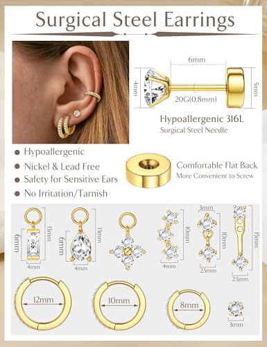 Hypoallergenic 14K Gold Plated Silver Flat Back Earrings for Women - Surgical Stainless Steel Hoop Cartilage Earrings Set Small Flatback Stud Stacks with CZ Charm Helix Conch Tragus Piercing Jewelry 6