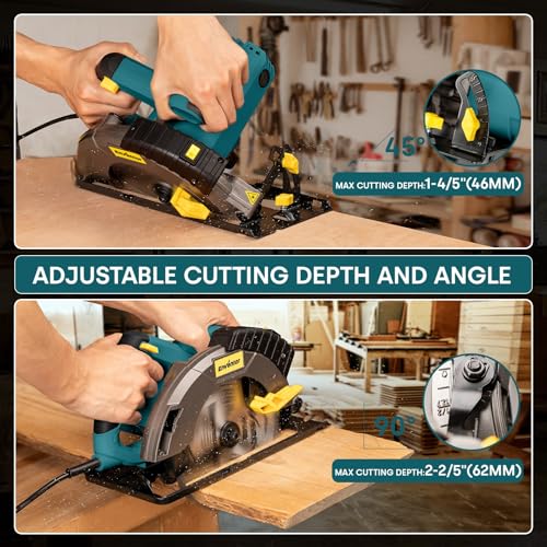 Enventor Circular Saw Corded, 14A Electric Circular Saws 7-1/4-Inch with Laser Guide, 2 Blade Saws (40T/24T), Max Cutting Depth 2-7/16"(90°), 1-13/16"(0°-45°), Single Handed Bevel, 5500RPM, Blue - Image 5