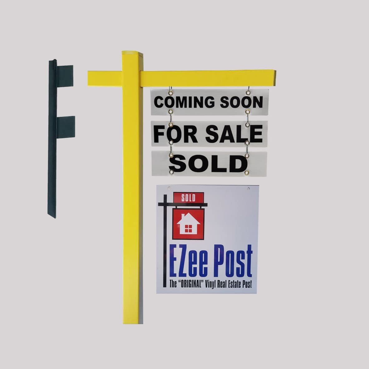 EZee PostVinyl PVC Real Estate Sign Post, Realtor Yard Sign Post, Real Estate Open House/Home. Real Estate For Sale For Lease For Rent and includes SOLD-FOR SALE COMING SOON Riders