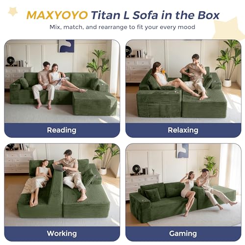 Image of MAXYOYO 104 inch Modular Sectional Couch with L-Shape Chaise, Modern Boneless Couch for Living Room, Sofa in A Box, Oversized Sofa with Deep Seat, No Assembly Required, Green
