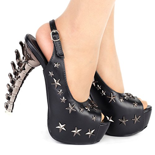 SHOW STORY Black Peeptoe Star Stud Sling Back Platform Bone Heel Pumps,LF806333
