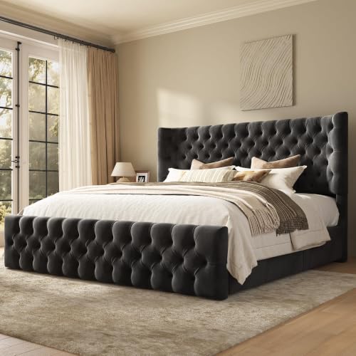 Image of AMERLIFE King Upholstered Bed with Headboard, Wingback, Black Velvet