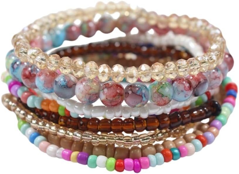 Pingyongchang Boho Colorful Beads Stackable Bracelets Set for Women Handmade Multicolor Seed Crystal Layered Stretch Bracelets Retro Country Holiday Beach Trendy Jewelry Gifts