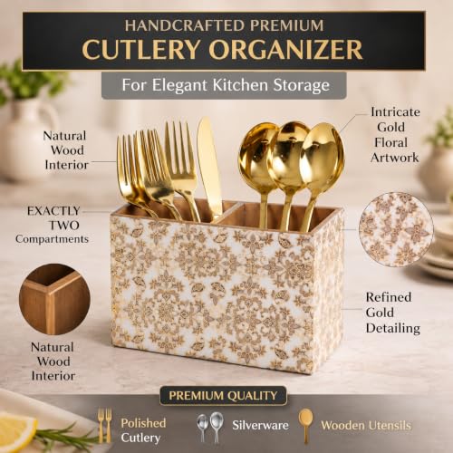Image of Wooden Spoon Holder for Dining Table | 2-Section Cutlery Storage Box | Kitchen Utensil Organizer with Elegant Gold Pattern | Multipurpose Tabletop Stand | 10 x 16 x 12 cm (Gold Design)