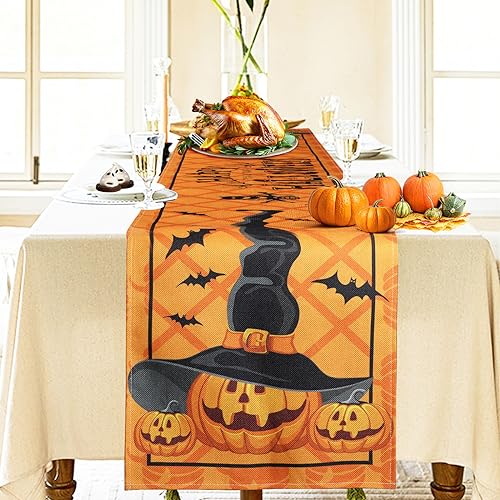 Bigqin Caminho de Mesa de Halloween, Decoração de Halloween de Abóbora de Linho para Sala de Jantar, Cozinha, Café, Casa, Decoração de Festa Interior, 183*33cm/72*13'