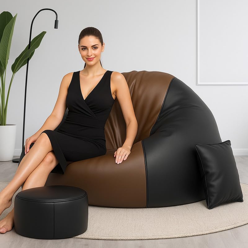 Image of Biggie Bean Bag Chair 3XL with Beans Filled-Duo Pop Sofa-Two Tone One Vibe-Crafted for Comfort-Styled for Elegance with Free Cushion & Footrest (Matching Color : Sofa, Brown Black)