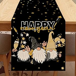 Seliem Black Gold Happy New Year Eve Gnome Table Runner, Cheers Scarf Home Kitchen Star Firework Balloon Decor, 2023…