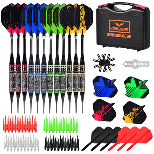 vonezone Darts Plastic Soft Tip, Professional Dart Set, 12Pcs 18Gram with 120 Extra Tips, 6 One-Piece Dart Wings, Flight Protector, Tool Wrench, Storage Case, Darts Set for Electronic Dartboard