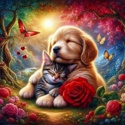 Reluohuo Dog Diamond Painting Kits for Adults Cat 5D Full Drill Diamond Art Kits for Beginners DIY Round Gem Art Craft for Home Wall Decor 12x12 Inch
