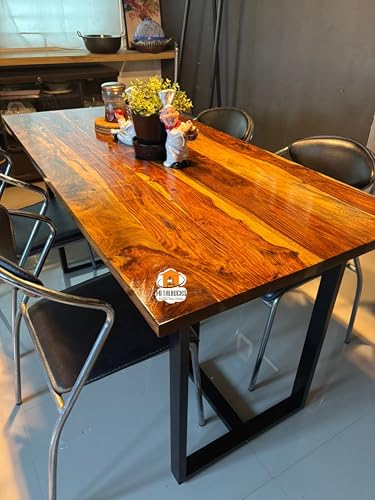 Image of REDWOOD Sheesham Wood Dining Table 4 Seater (Up to 6 Seater) with Metal Legs | Wooden Dining Table Only (No Chairs) for Home, Kitchen & Dining Room | Modern Farmhouse (57 x 28 x 30 Inch, Brown Finish)