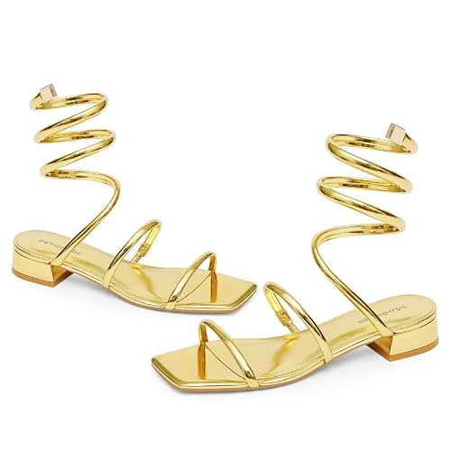 Modatope Two Strap Square Open Toe Sandals Glod Strqappy Low Block Heels Spiral Ankle Warp Strap Gladiator Sandals Size 7.5 - Thumbnail 4