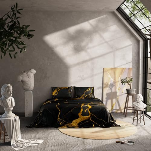 Image of Stoa Paris 300TC UltraSatin King Size Bedsheet with 2 Pillow Covers, Hypoallergenic, Breathable, Gentle On Skin & Hair, Fade & Wrinkle Resistant, Wedding Gift for Couples, Louvre - Black, Gold