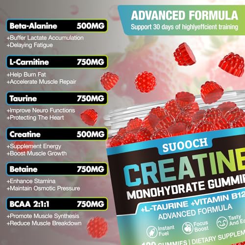 SUOOCH Creatine Monohydrate Gummies 5g Per Serving for Men & Women, Pre Workout Creatine Supplement Chewable Gummies, Supports Muscle Growth, Boost Strength & Workout Energy, 120 Count — view 4
