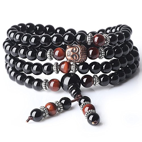 Materiale e Taglia: bracciale di perline mala 108 perle onice 6mm, occhio di tigre rosso, inserto testa Buddha, adatto per essere girato 4 volte intorno a polsi di 14-16.5cm