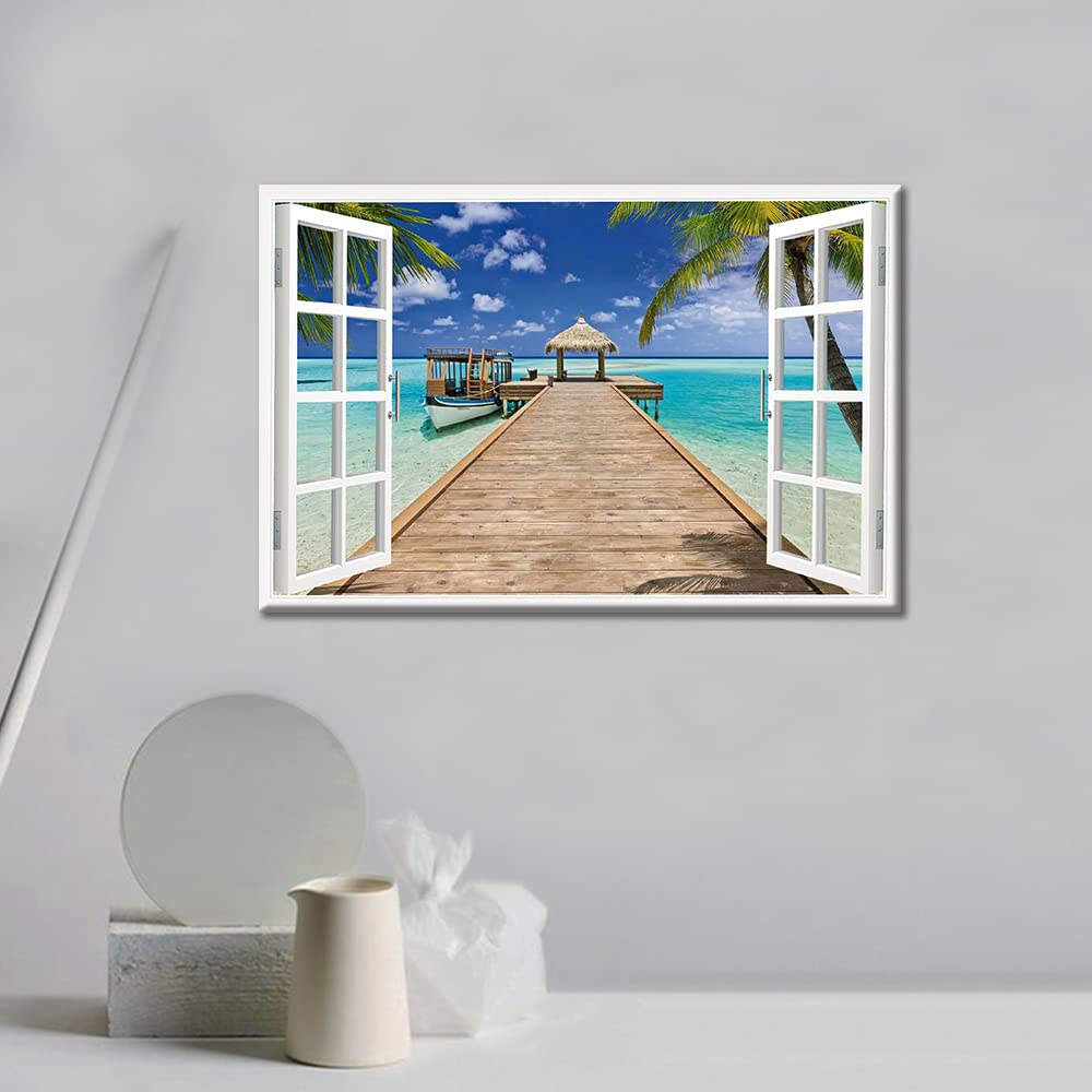 TISHIRON 3D Window Effect Seaside Coconut Tree Canvas Wall Art for Living Room Family Wall Decor Hang Pictures Wall Paintings Kitchen Office Canvas Art Prints Home Decor 12x18inch - Image 3