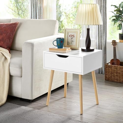 Image of Wooden Bedside Table or Nightstand with Solid Wood Legs for Bedroom | Classic Lamp Table, Sofa Side Table with 1 Storage Drawer for Living Room