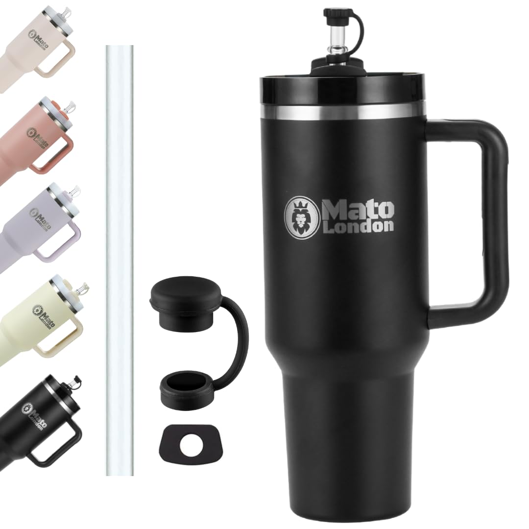 Mato London 40oz Tumbler with Straw & Handle – Stanley Cup Style Double-Wall Stainless Steel | Leakproof, BPA-Free | Insulated Travel Mug for Hot & Cold Drinks | Reusable Lid & Accessories Included