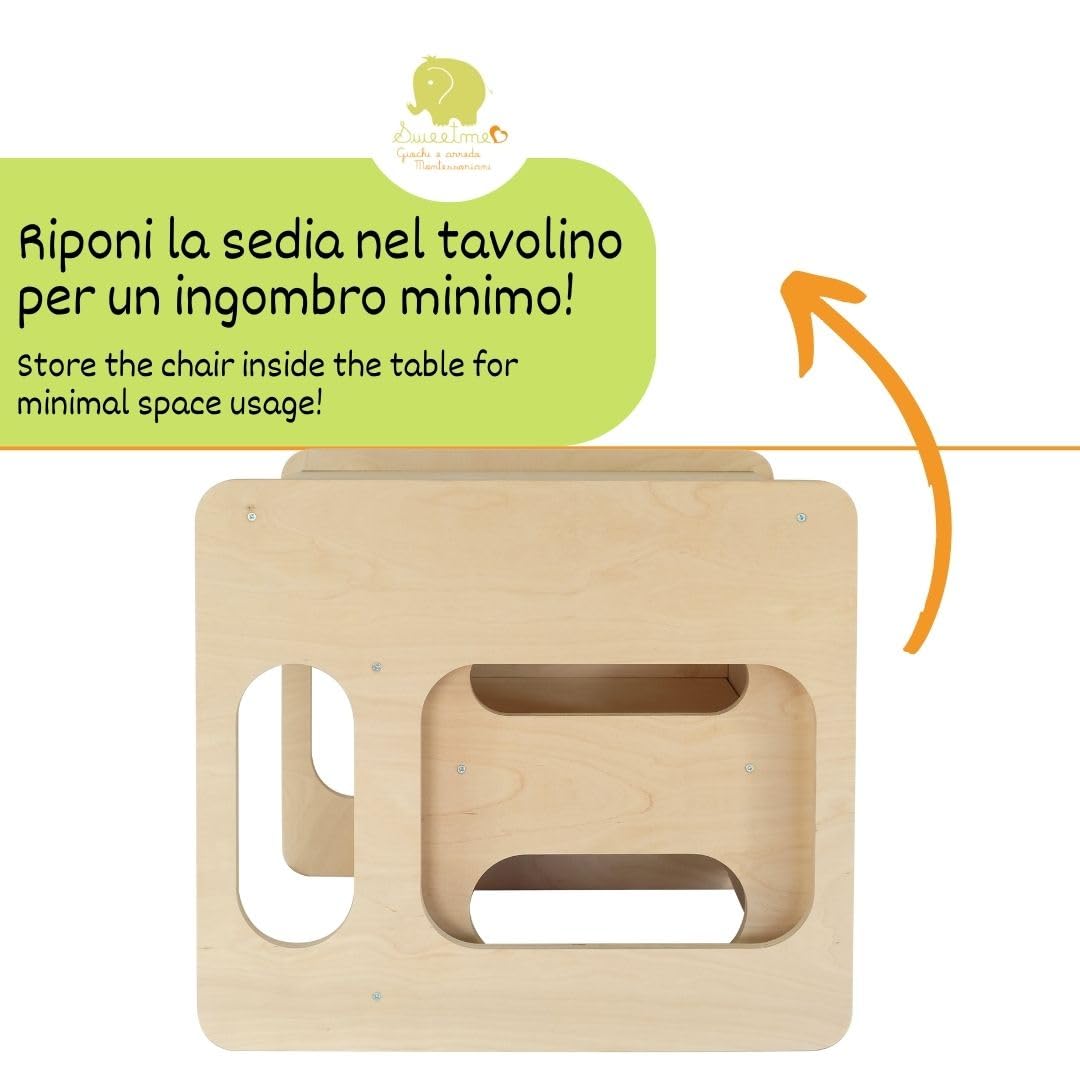 Tavolino Sedia Montessori Salvaspazio in Legno Betulla per Bambini, Giochi Educativi Montessoriani Studio Cameretta Banco Scuola
