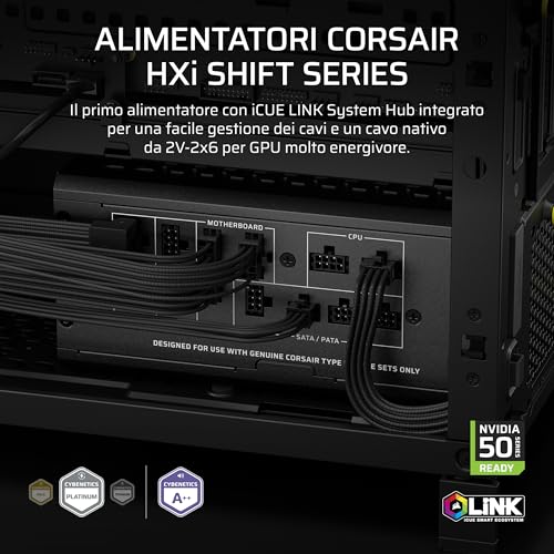 CORSAIR HX1200i SHIFT Alimentatore ATX completamente modulare – Hub di sistema iCUE LINK integrato, cavo nativo 12 V 2x6, ATX 3.1 e PCIe 5.1, Cybenetics Platinum – Nero - Alimentatore - Immagine 1