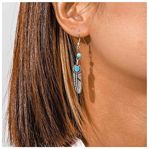 Cimenexe Pendientes turquesa de plumas bohemia - gota plata con perla - joyería tribales de metal para mujeres y niñas regalos