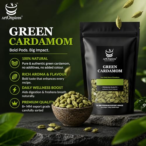 Image of ArtOspices Whole Green Cardamom (Elaichi) 500g | 8mm+ Kerala Cardamom Pods | Export Quality Spices | High Natural Oil Content | No Added Colour | Premium Cardamom for Cooking, Chai & Desserts