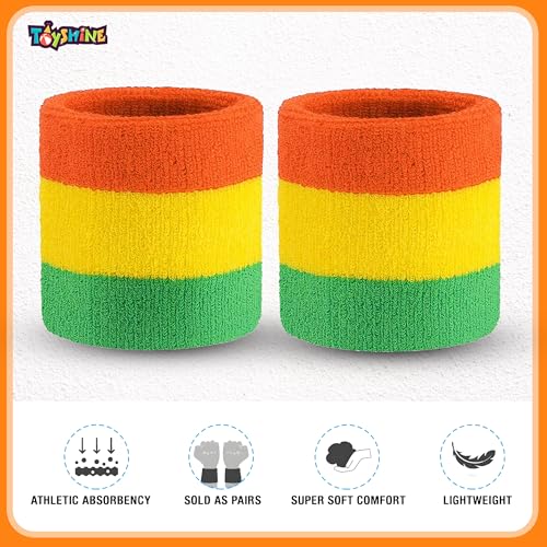 Image of Toyshine Cotton 3 Pieces Sweatbands Set, Includes Sports Headband And Wrist Sweatbands Striped Sweat Band For Athletic Men And Women - Orange Yellow Green