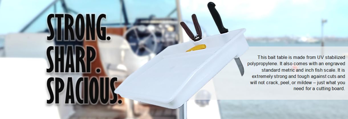 Pactrade Marine Fillet Cutting Board Bait Table with Adjustable Single Rod Holder Mount, Compartments, Knife Slots, and Engraved Fish Scale in Standard & Metric Units - Sturdy UV Stabilized PP For