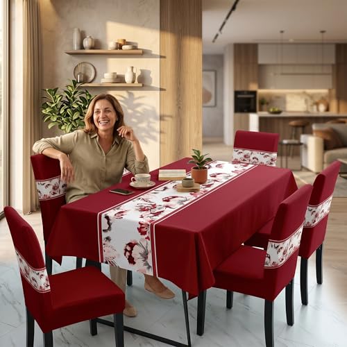Image of Styleys Dining Chair Cover with Table Covers for Kitchen Waterproof Dining Table Cloth (1 Table Cover + 6 Chair Cover, Floral Wine, K722)