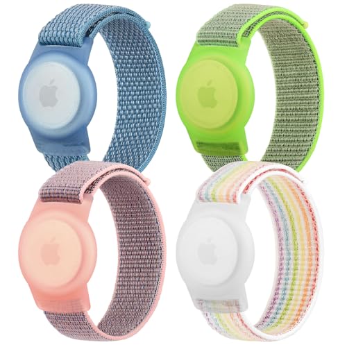 4 Pack Nylon Air Tag Bracelet for Kids, Soft Nylon Air Tag Wristband for Apple Air Tag, Adjustable Anti Lost Wristband for Toddler Baby, Boys, and Girls, Elders (Blue/GreenBlue/Rainbow)