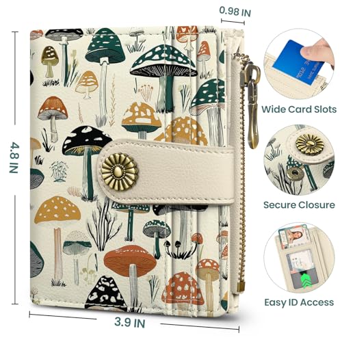 Image of Small Wallet for Women, RFID Blocking Bifold Card Holder Wallet with 10 Card Slots, Cash Compartment, Zipper Coin Pocket & ID Window, Cute Soft Vegan Leather Compact Wallet, Mushrooms Grove