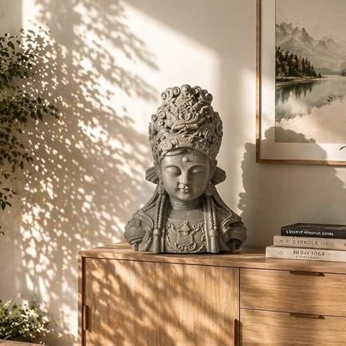 K&L Wall Art Buddha Figur Steinoptik Kopf groß Buddhastatue Feng Shui Deko Fensterbank Büste Dekofigur 34x21x44 cm