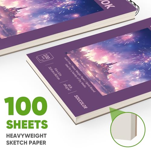 Image of Soucolor 9 inchx12 inch Sketch Book for Women,Purple Girls Sketchbook | Fine-Textured|100 Sheets (68lb /100gsm) Drawing Paper| Art School Supplies for Kids,Beginners, and Adults