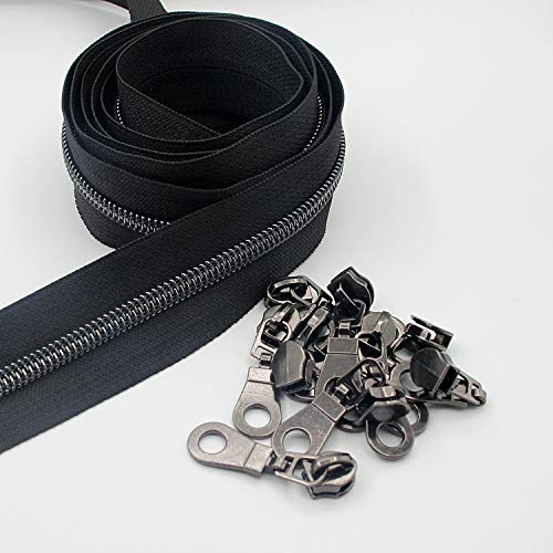 Image of Leekayer #5 Black Nickel Metallic Nylon Coil Teeth Zippers by The Yard Bulk 10 Yards Zipper Tape with 25pcs Black Nickel Sliders for DIY Sewing Tailor Craft Bag(Black)