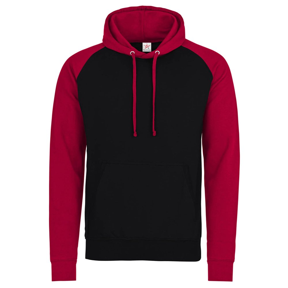 Star and StripesPlain Jet Black/Fire Red Baseball Hoodie, Pullover Contrast Raglan Hoodie Plus 1 T Shirt with Men's Hooded Sweatshirt