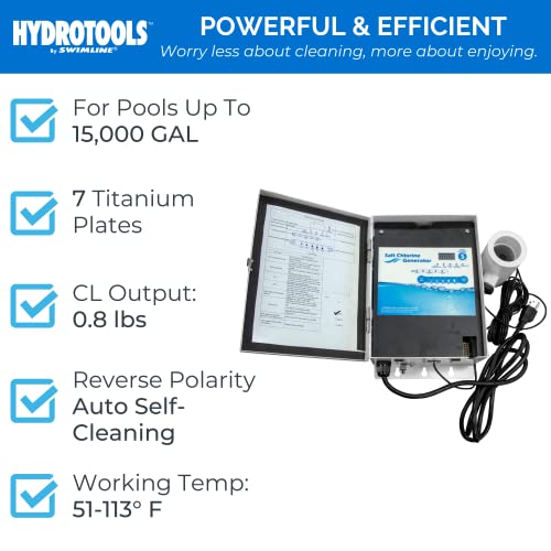 Swimline Hydrotools 87615 Salt Water Chlorine Generator System For Pools Up To 15K Gallons, 7 Titanium Plates 0.8 Lbs Cl Output, Universal Compatibility Easy Install Above & Inground Swimming Pools #TOP2