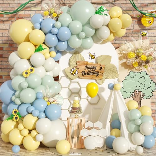 Pastel Green Blue Yellow Balloon Arch Kit, Green Blue Yellow Balloons garland Arch Kit, Ivory White Balloons For Bear Honey Bee Theme Birthday Baby Shower Party Wedding Anniversary Decorations