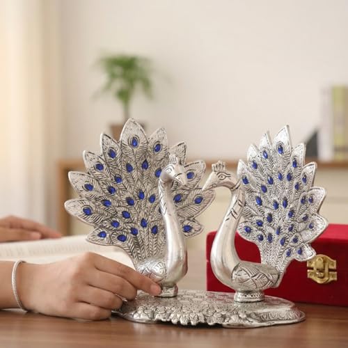 Image of KridayKraft Double Peacock Metal Statue, Lovers Peacock Couple, Animal Showpiece Figurines, Feng Shui as Table Top Figurine for Living Room, Office, Bedroom, Decorative (Silver)