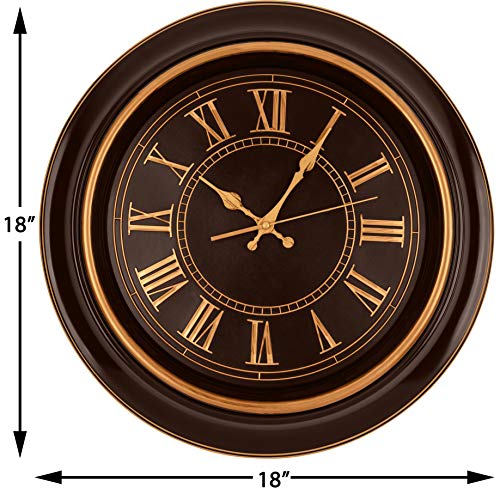 Bernhard Products Large Wall Clock 18" Quality Quartz Silent Non Ticking, Battery Operated For Home/Living Room/Over Fireplace, Beautiful Decorative Timeless Stylish Clock, Mahogany Brown & Copper #TOP5