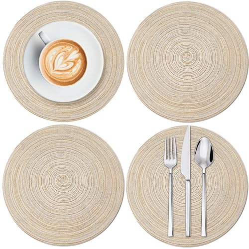 Juego de 4 manteles individuales redondos trenzados de 12 pulgadas, antideslizantes, lavables, resistentes al calor, de algodón y poliéster, para decoración de cocina, cena, fiesta (beige, 7.5