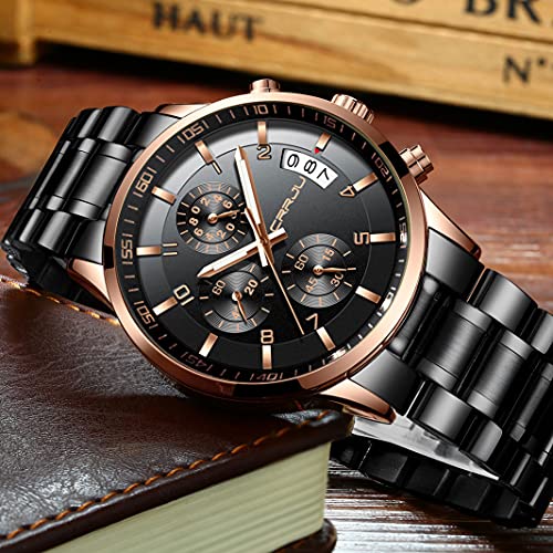 Image of CRRJU Men's Multifunctional Chronograph Wristwatches,Stainsteel Steel Band Fashion Quartzuartz Waterproof Watch