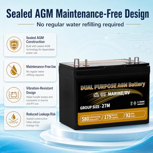 Image of Weize Dual Purpose AGM Battery BCI Group 27M, 175RC 580CCA 12V 92AH Starter & Deep Cycle Sealed Marine & RV Battery