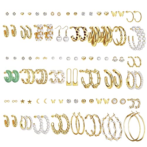 Adramata 51 Paar Fashion Gold Pearl Ohrringe Set für Frauen Mädchen, Chunky Pearl Stud Boho Gold Creolen Ohrringe für Geburtstagsfeier Weihnachten Schmuck Geschenk Multipack Cover