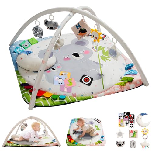 Image of TINYHARBO Baby Play Gym with 4 Developmental Zones – Tummy Time Mat & Activity Mat with 6 Sensory Toys, Visual Cards & Pillow – Baby Essentials & Ideal Gift for Newborns