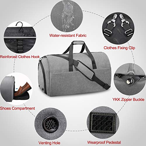 Garment Bags Convertible Suit Travel Bag with Shoes Compartment Waterproof Large Carry on Duffel Bags Garment Weekender Bag for Men Women Grey