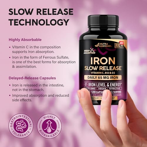 Image of Iron Supplement for Women - Iron 65mg (Ferrous Sulfate 325mg) - 120 Caps | Iron Level & Energy Support - Vitamins C, D3, B6, B12 & Folate - Stomach Friendly, Slow Release, Bioavailable, 120-Day Supply