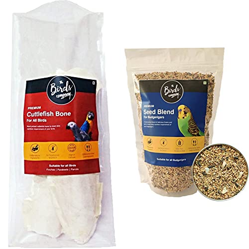 Image of The Birds Company Premium Cuttlefish Bone, Bird Calcium, 100 g & Premium Seed Blend of 9 Grains & Nuts, Fortified with Spirulina & Cuttlefish Bone, Bird Food, 450g